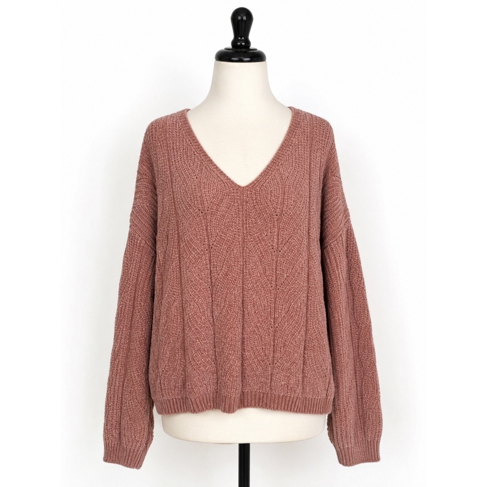 Stradivarius Sweater Womens Small Pink V-Neck Chunky Knit Chenille Cozy Boho